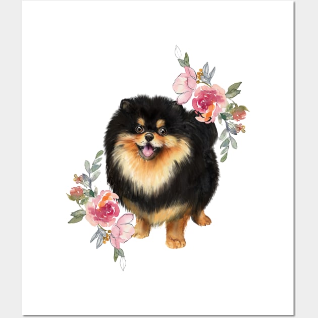 Cute Black Pomeranian Dog with Flowers Watercolor Art Wall Art by AdrianaHolmesArt